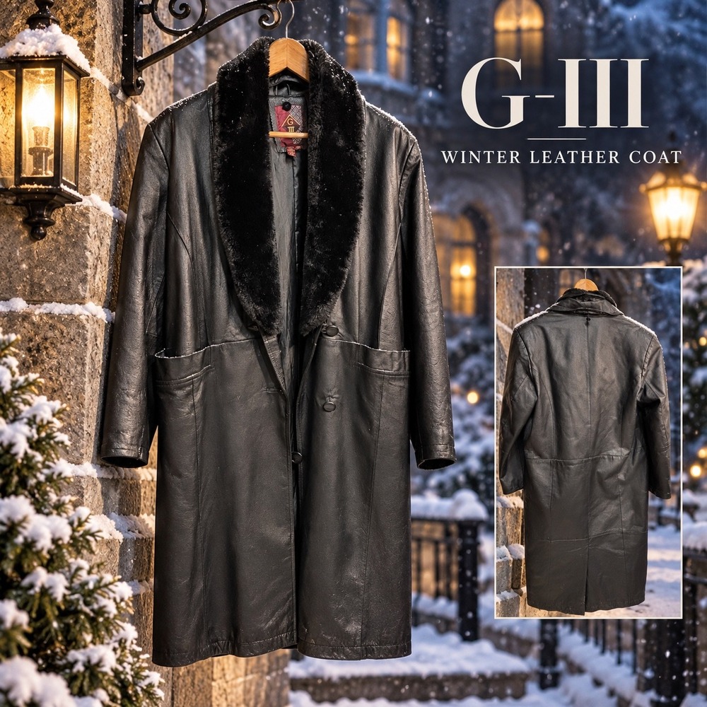 G-III Mens Black Leather Winter Coat Faux Fur Collar Long Trench Jacket M